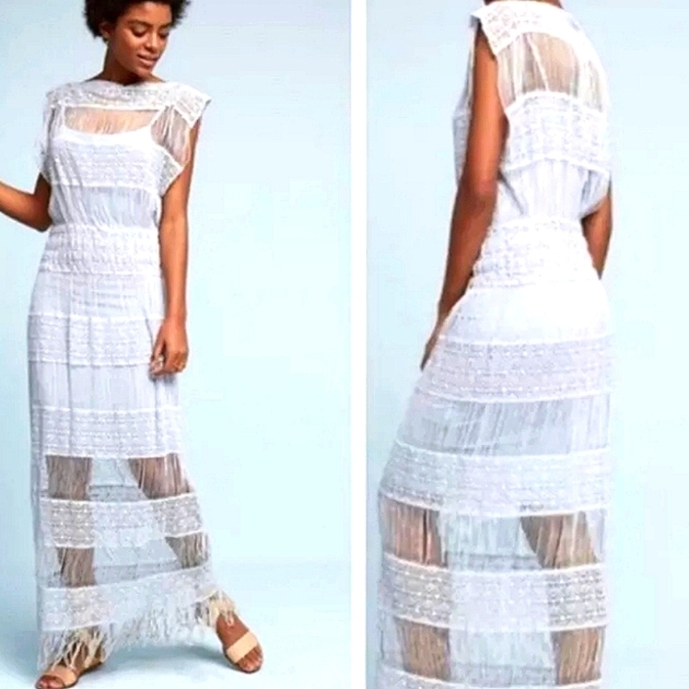 NWOT Callahan Anthropologie Pastel Blue Crochet Fringe Maxi Dress - Picture 3 of 6